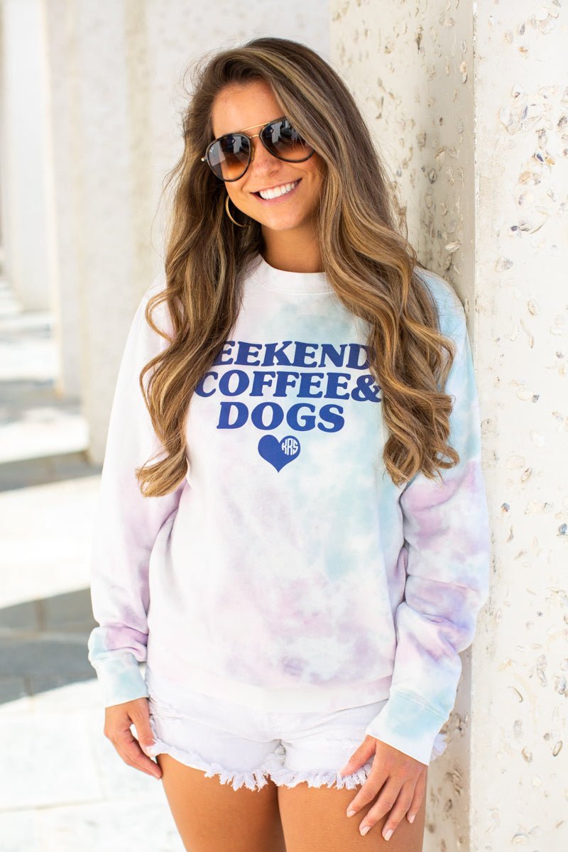 Monogrammed 'Weekend & Coffee & Dogs' Tie Dye Crewneck Sweatshirt